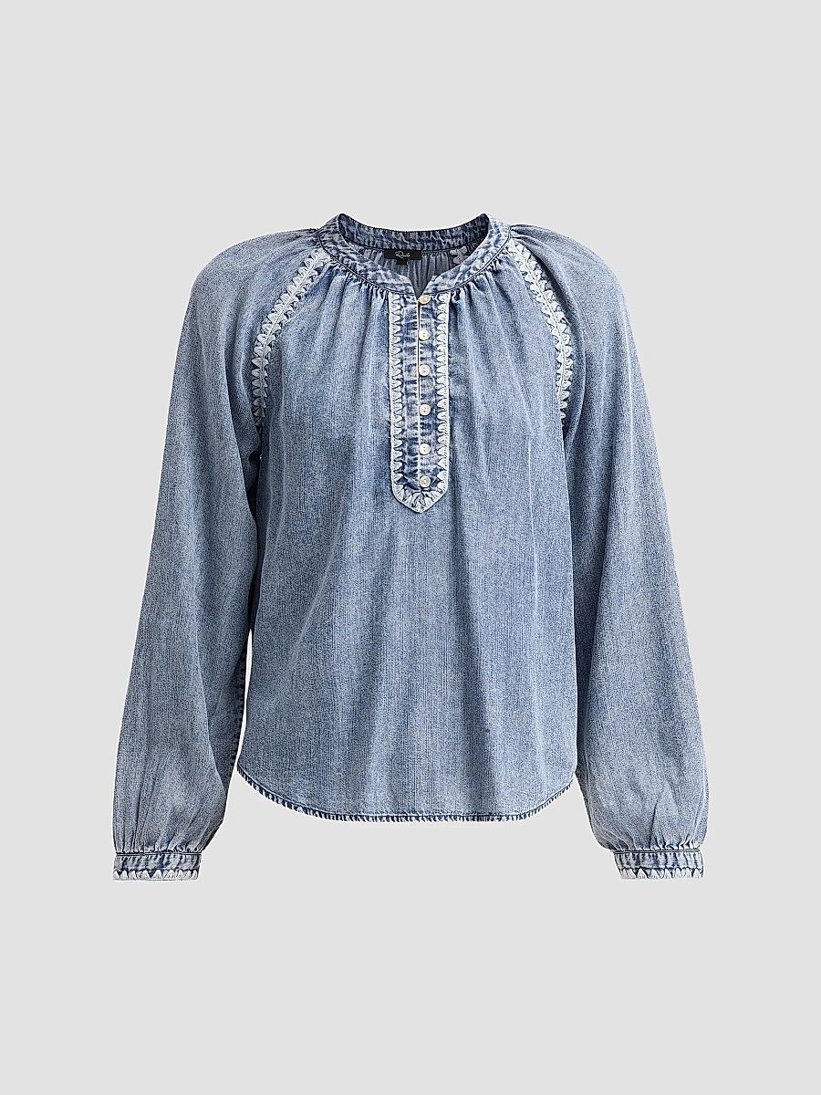 Women's Tali Embroidered Raglan-Sleeve Top - Blue Ridge - Size XS