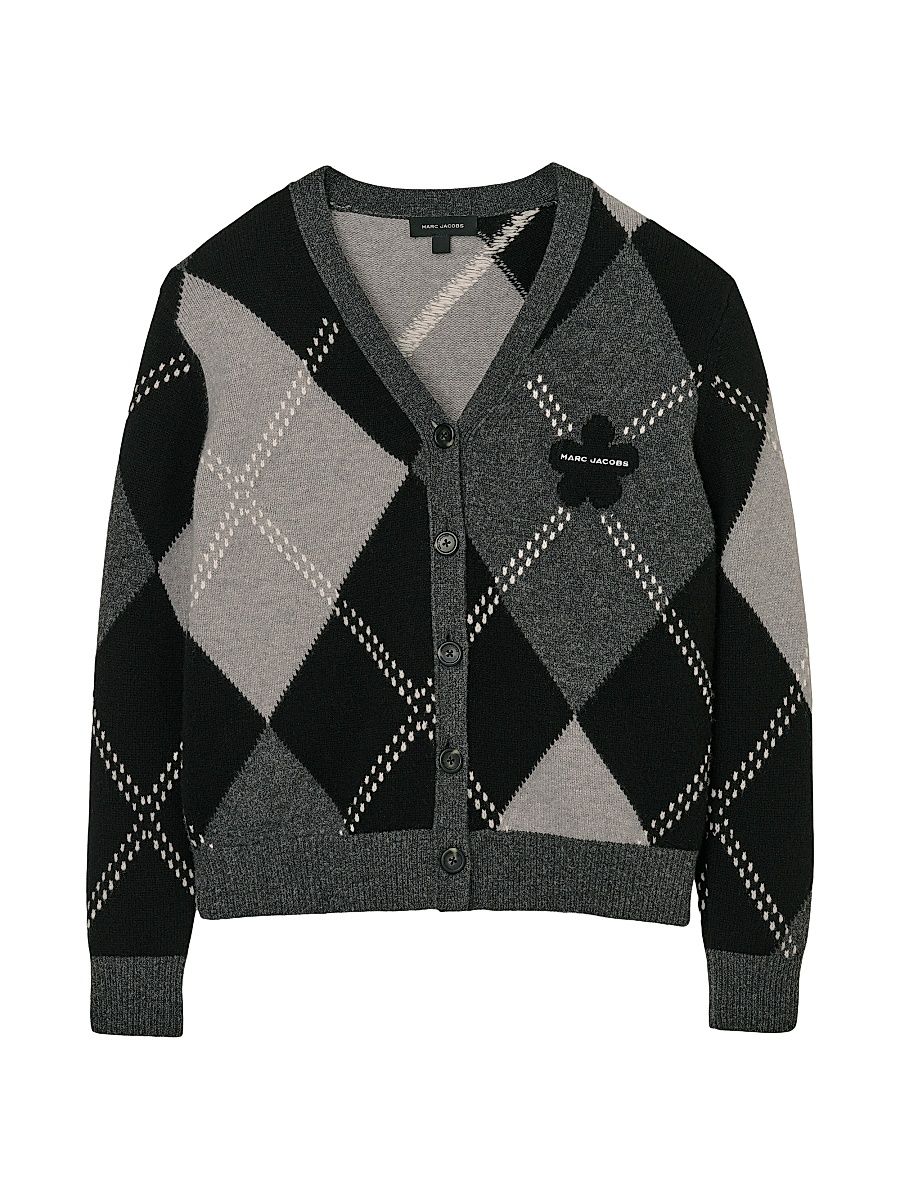 Women's Preppy Daisy Argyle Merino Wool Cardigan - Black Multi - Size Medium