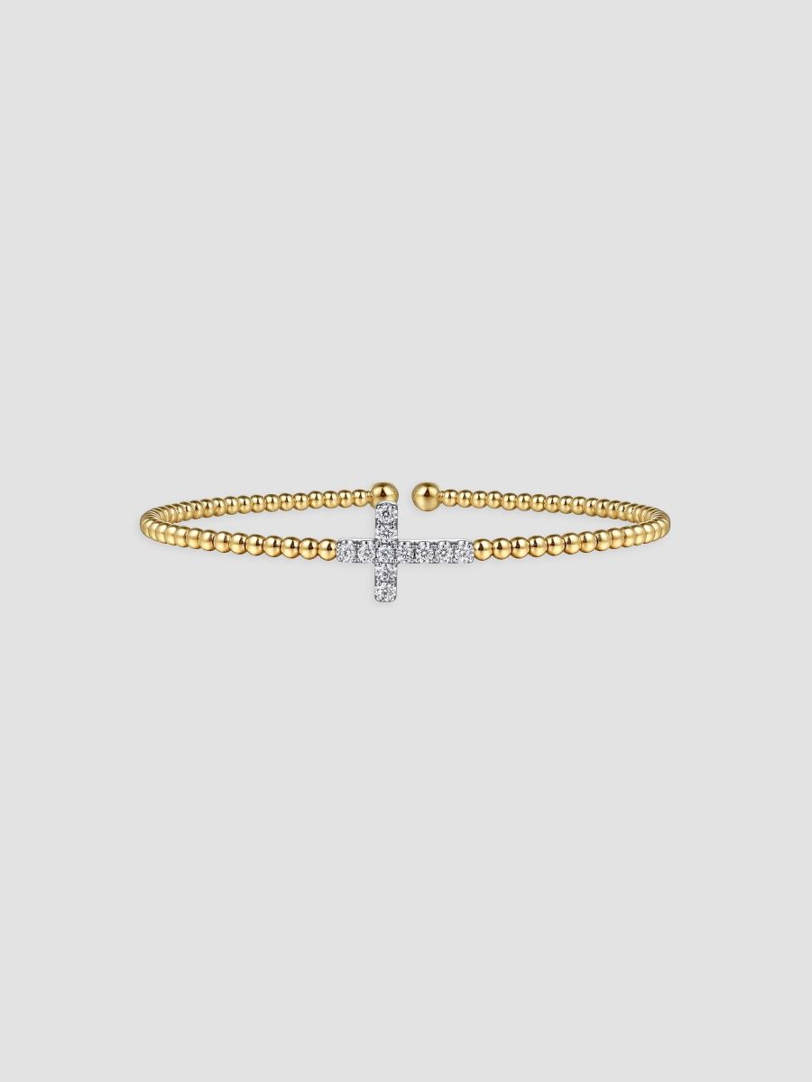 Gabriel & Co Women's Two-Tone 14K Gold & 0.20 TCW Diamond Cross Beaded Cuff - Yellow Gold - Size 6