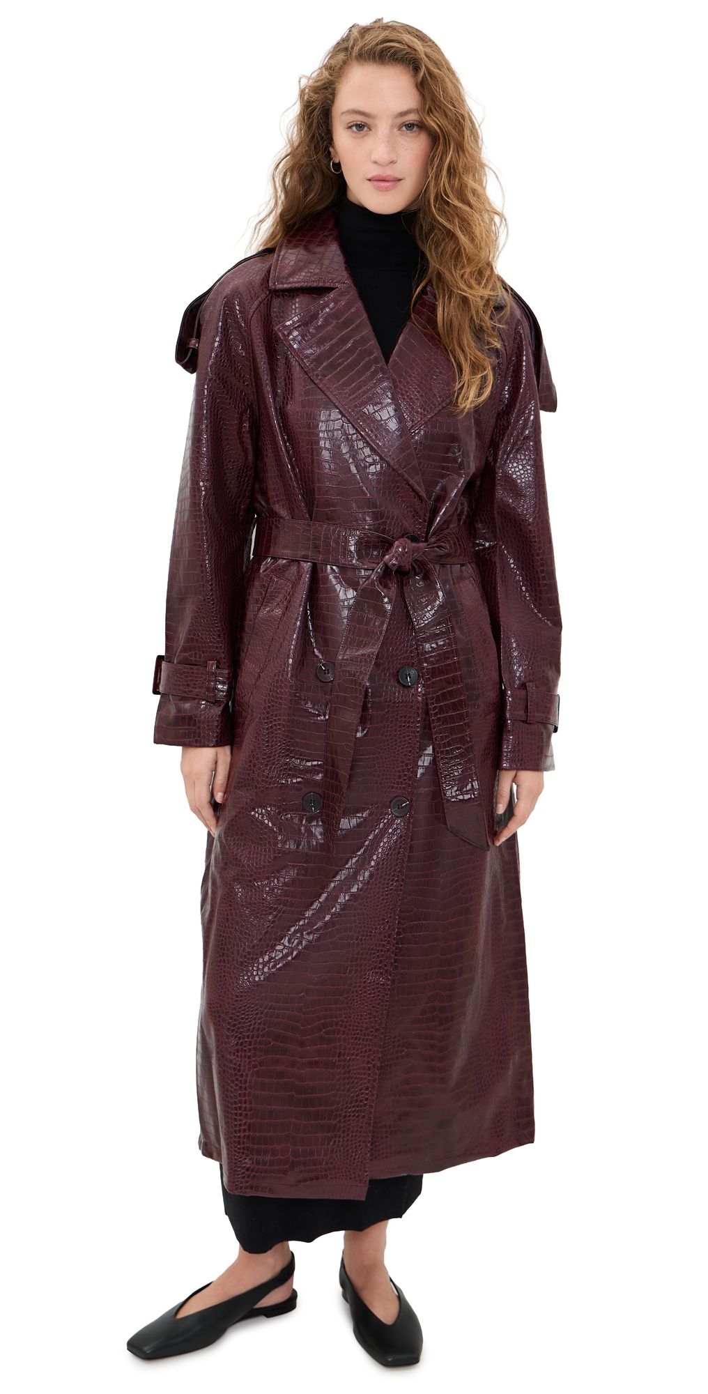 Avec Les Filles Croc-Embossed Faux Leather Belted Maxi Trench Coat Dark Red XS