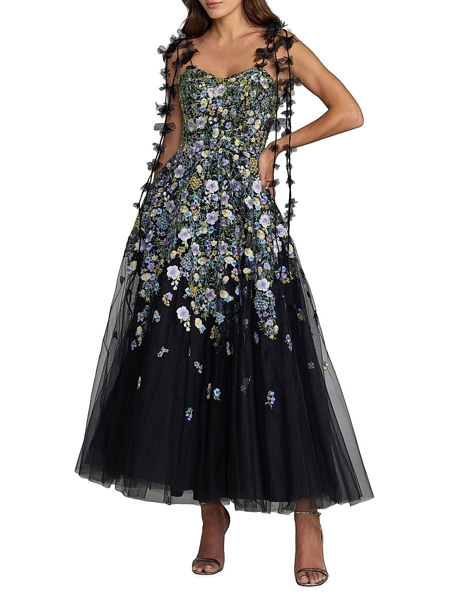 Women's Floral-Embroidered Tassel Tulle Cocktail Dress - Black Multi - Size 14