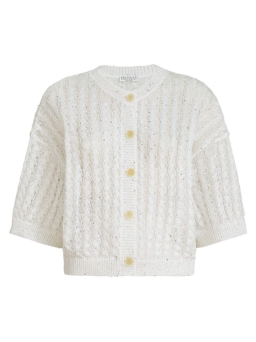 Women's Linen Dazzling Cable Openwork Cardigan - White - Size XXXL