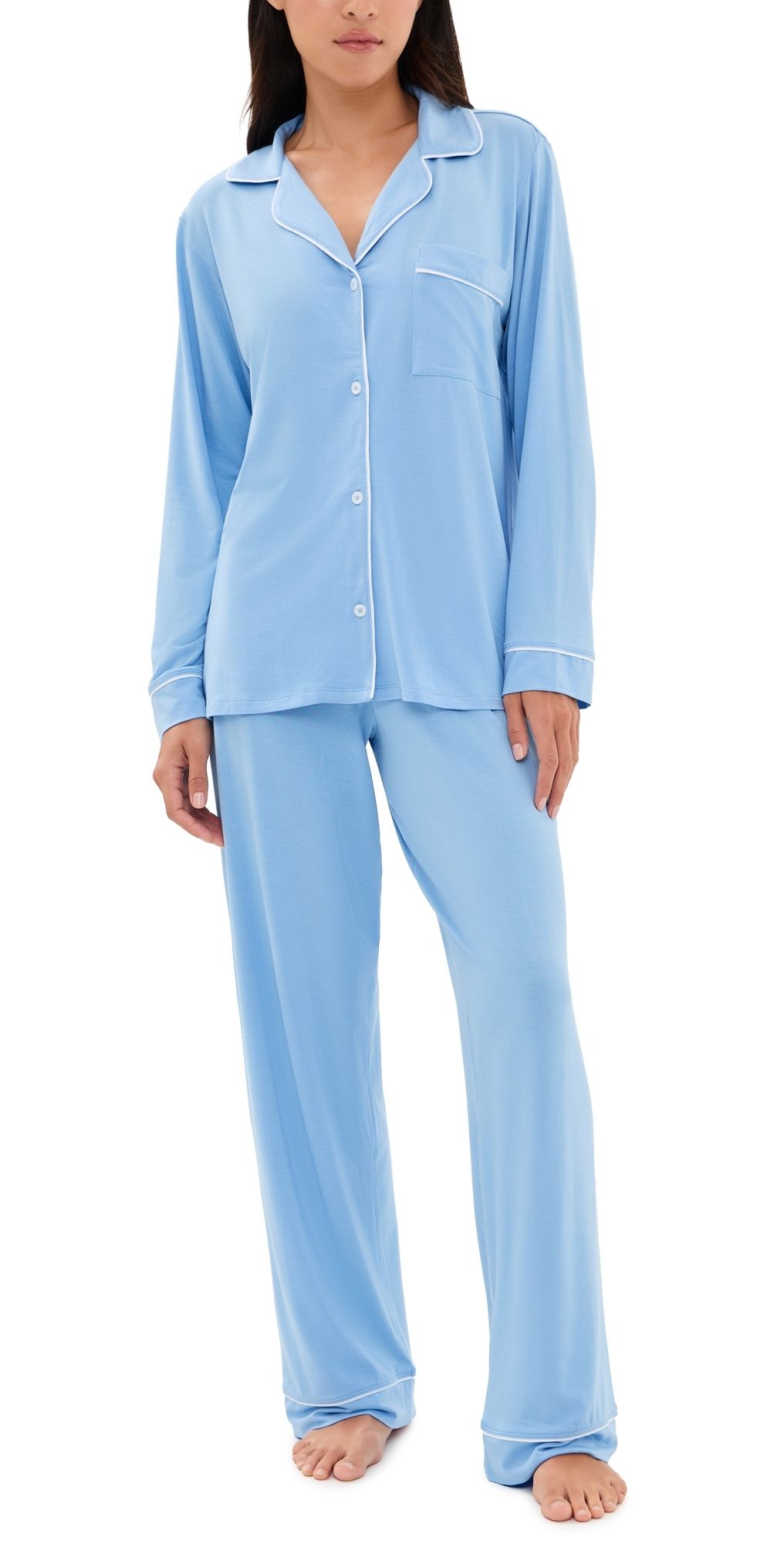 Eberjey Gisele Long Pajama Set Summer Blue/White M