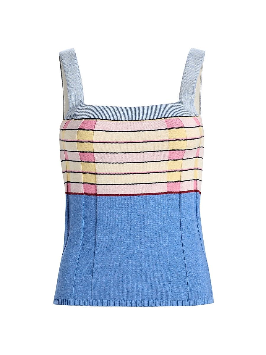 Women's Striped Silk-Linen Tank - Delft Blue Combo - Size Small