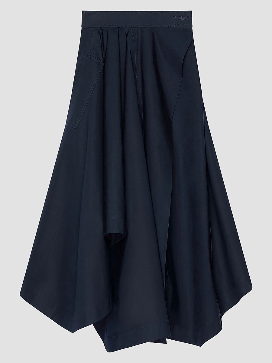 Givenchy Women's Long Asymmetric Skirt in Poplin - Dark Blue - Size 12