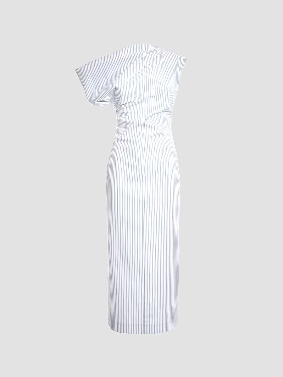 Women's Pinstriped Cotton Off-The-Shoulder Midi-Dress - Candido Fog Blue - Size 10