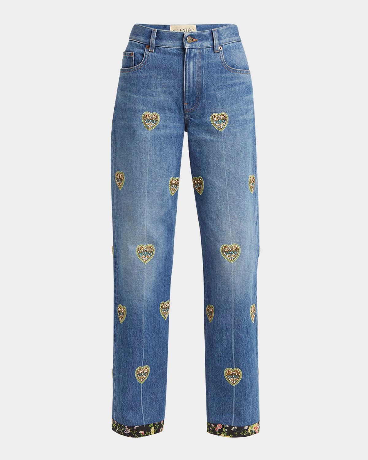 Embroidered Heart Denim Pants with Floral Boarder