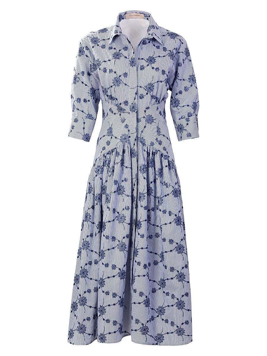Women's Indy Floral-Embroidered Cotton-Blend Midi-Shirtdress - Embroidered Mini Flowers - Size Large