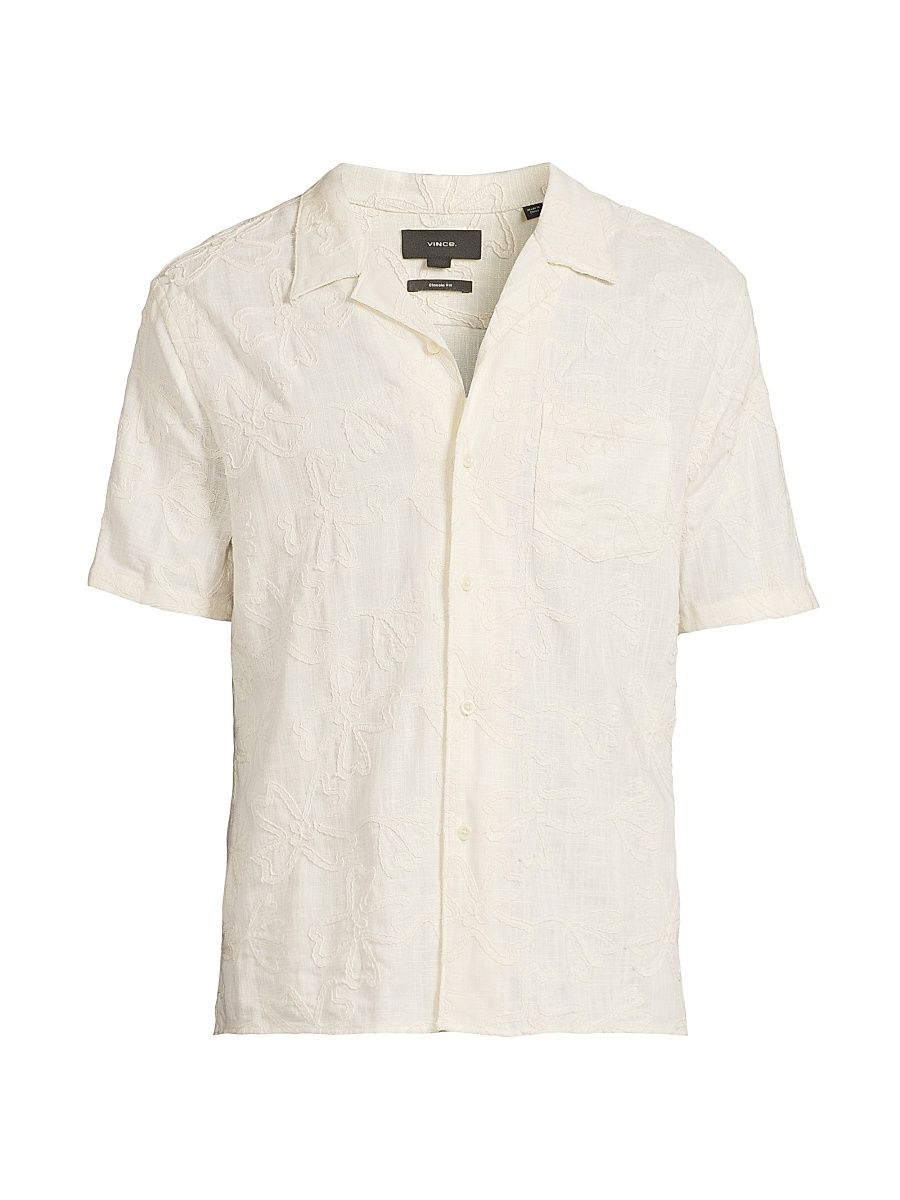 Men's Embroidered Floral Camp Shirt - Blanco - Size XXL