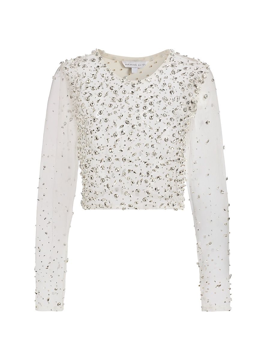 Women's Camille Crystal-Embellished Sheer Crop Top - White - Size Small