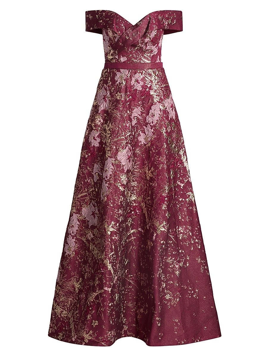 Women's Brocade Off-the-Shoulder Gown - Pink Multi - Size 16