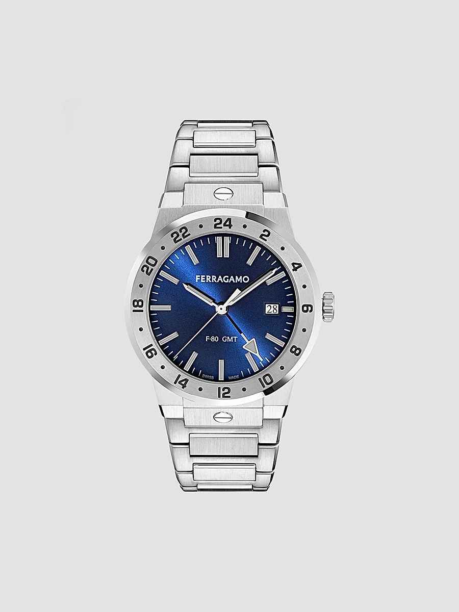 FERRAGAMO Men's F-80 Classic GMT 41MM Stainless Steel Bracelet Watch - Stainless Steel