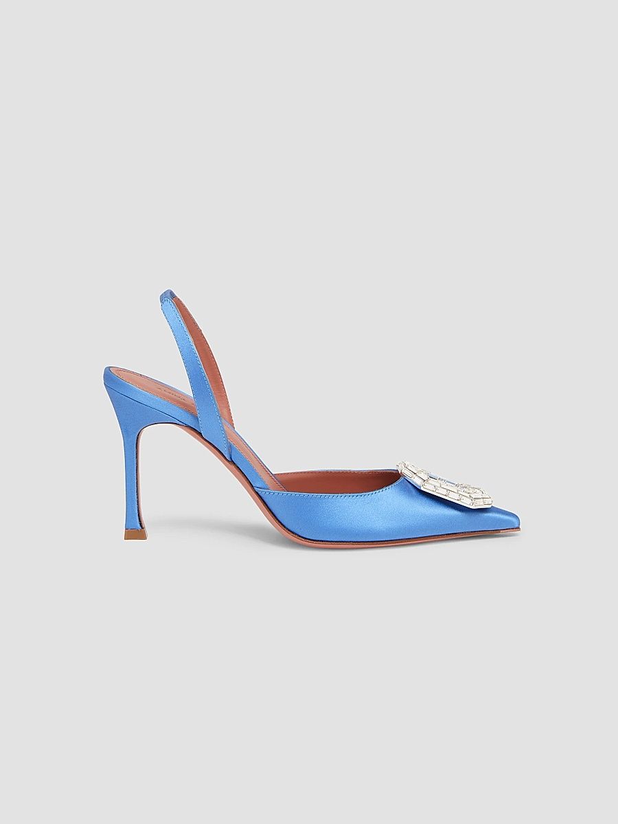 Amina Muaddi Women's Camelia 90MM Leather Slingback Pumps - Sapphire Satin - Size 12