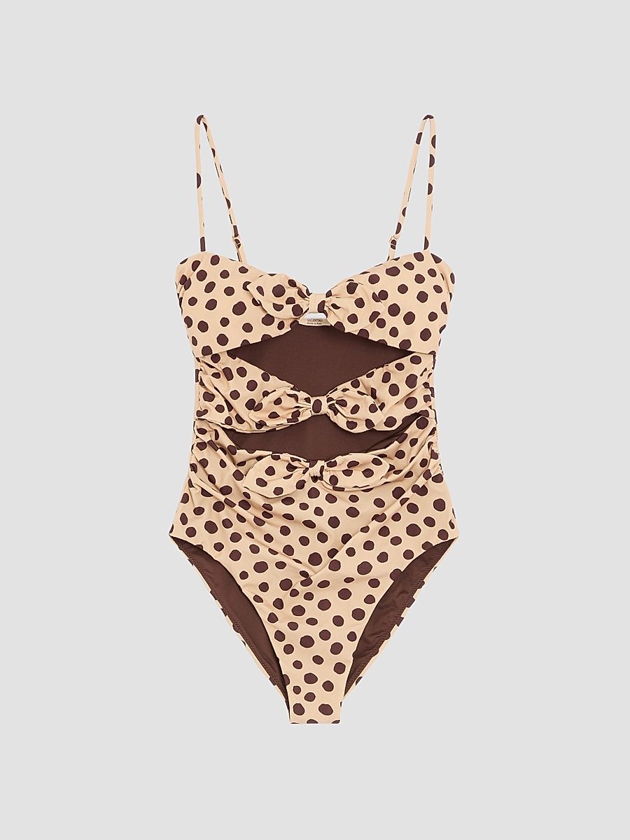 Women's Lycra One-Piece Swimsuit in Plus De Pois Dalmata Polka Dot - Beige Chocolate - Size XS