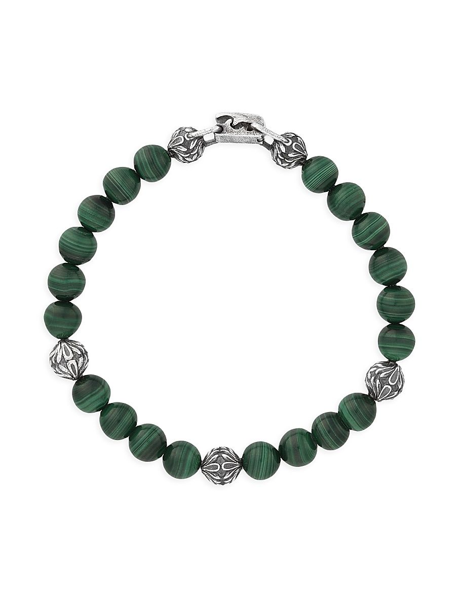 Men's Gothic Sterling Silver & Malachite Beaded Bracelet - Silver