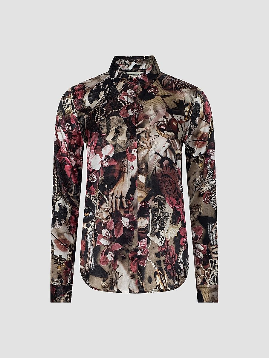 Women's Tyler Printed Silk Blouse - Burgundy Multi Lux - Size XL