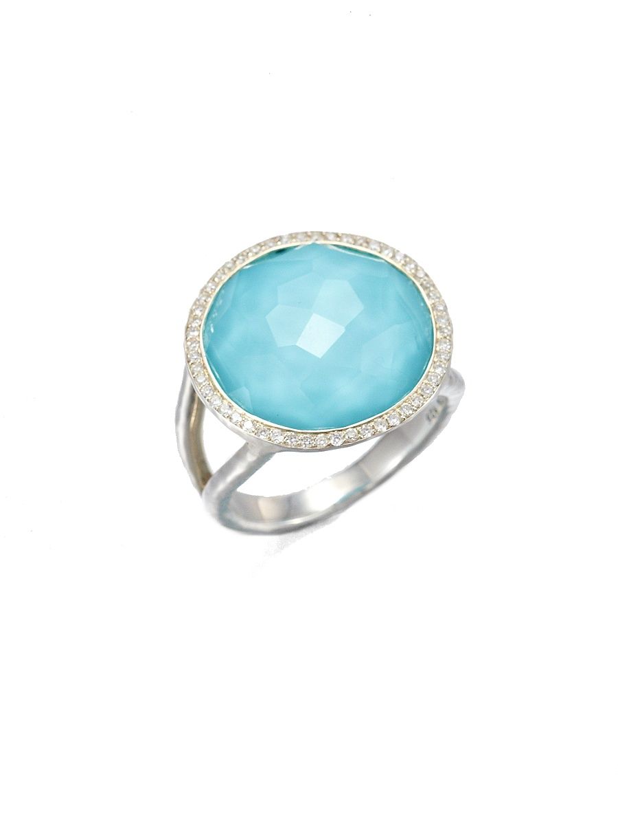 Women's Lollipop Medium Sterling Silver, Doublet & Diamond Ring - Silver Blue - Size 7