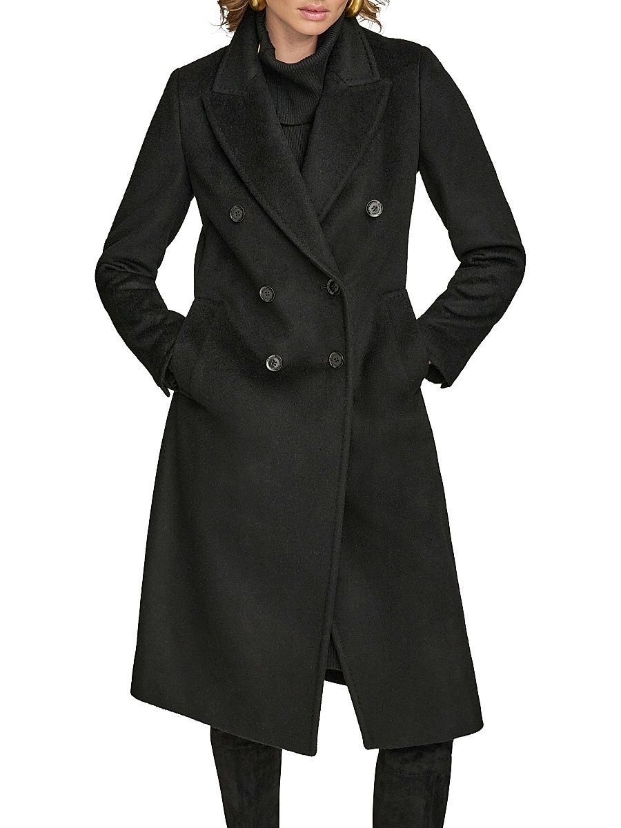Women's Wool-Blend Double-Breasted Reefer Coat - Black - Size Medium
