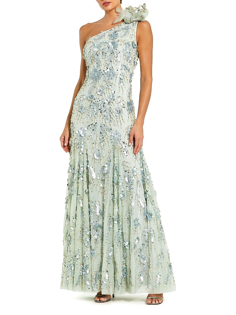 Women's Evening Embellished Mesh One-Shoulder Trumpet Gown - Sage - Size 10