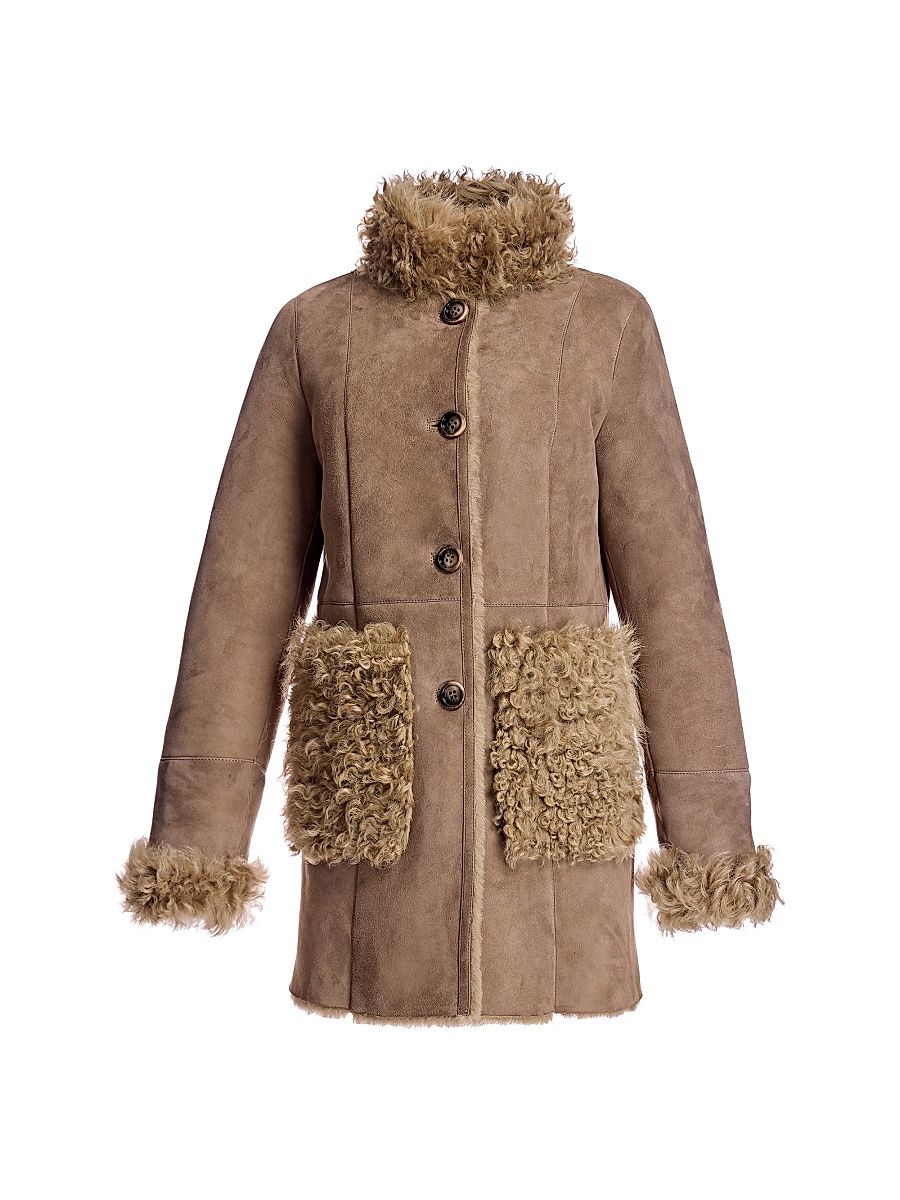 Women's Maximilian Shearling Jacket with Curly Lamb Trims - Acorn - Size Medium