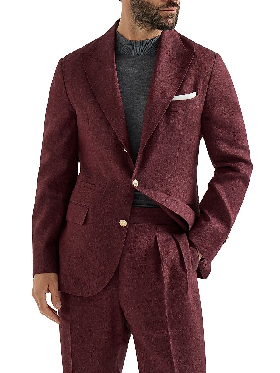 Men's Linen and Virgin Wool Chevron Deconstructed Blazer with Peak Lapels - Cherry - Size 36