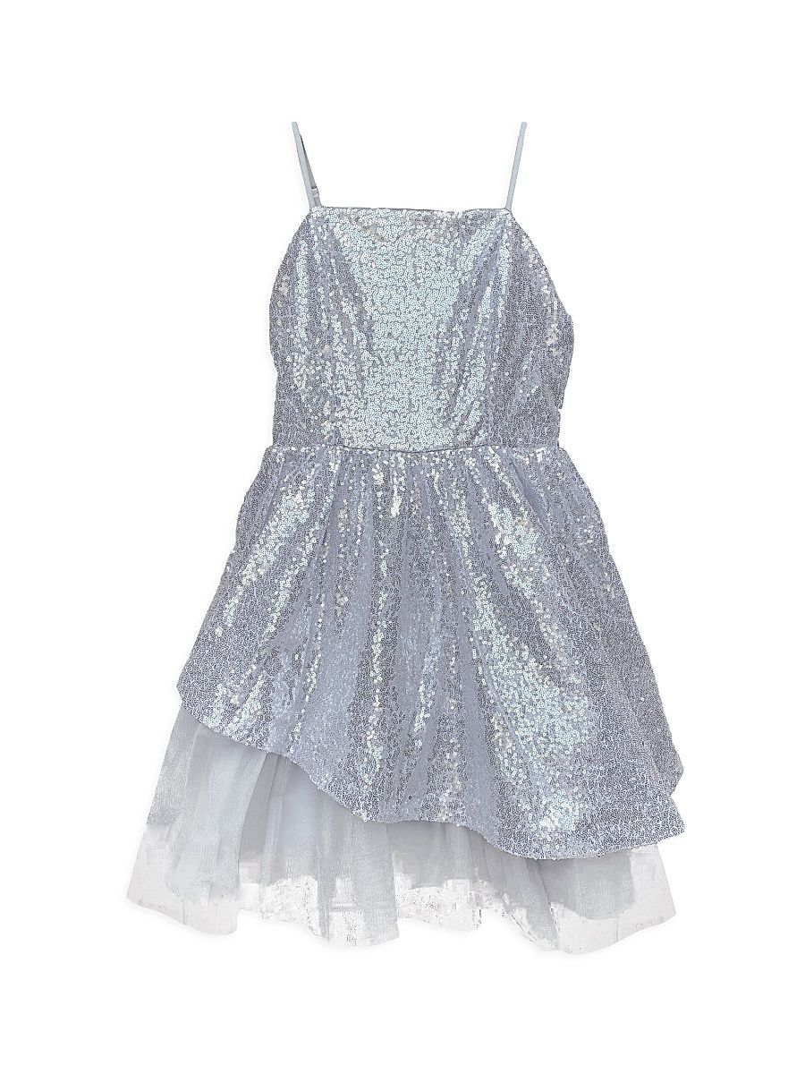 Girl's Peek-a-Boo Sequin Party Dress - Silver - Size 10
