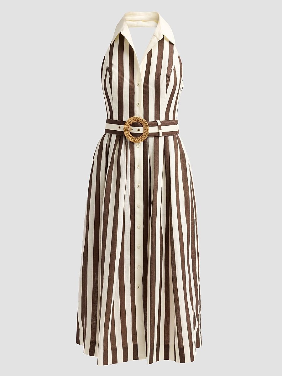 Women's Quentin Striped Linen Button-Front Halter Midi Dress - Brown Ivory Stripe - Size 14