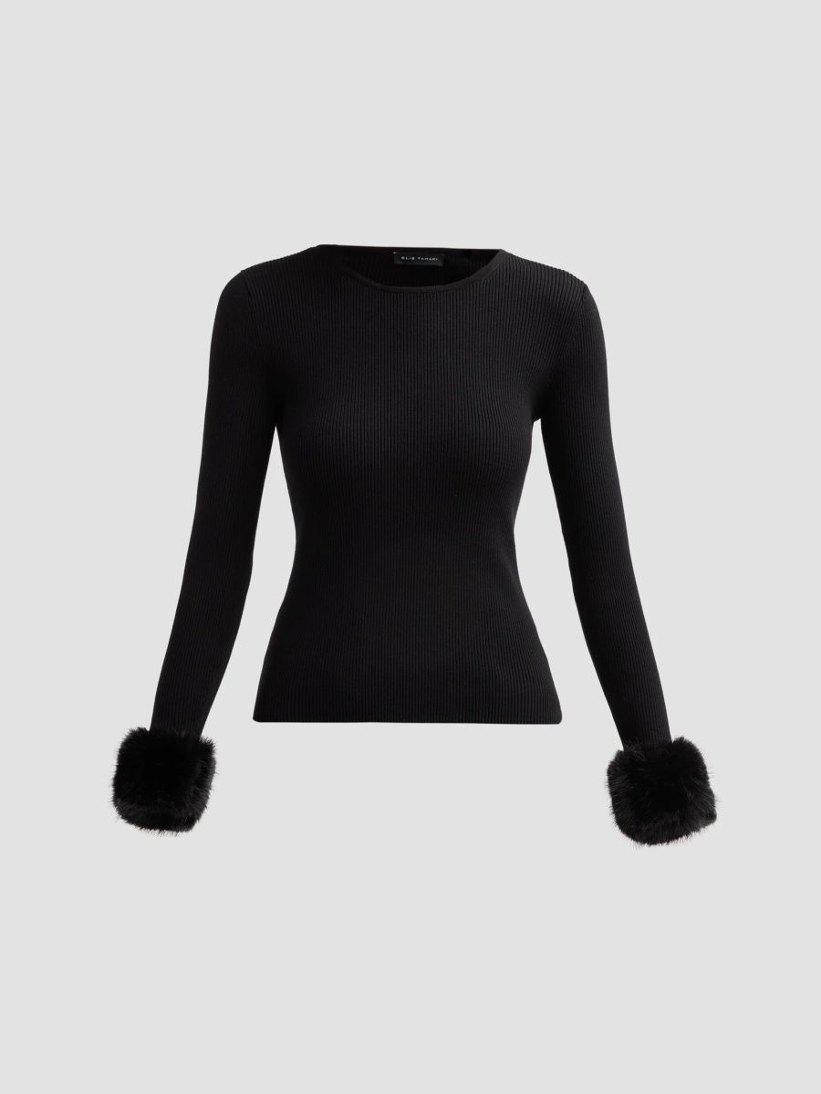 Elie Tahari Women's The Savannah Faux Fur-Cuff Sweater - Noir - Size XL