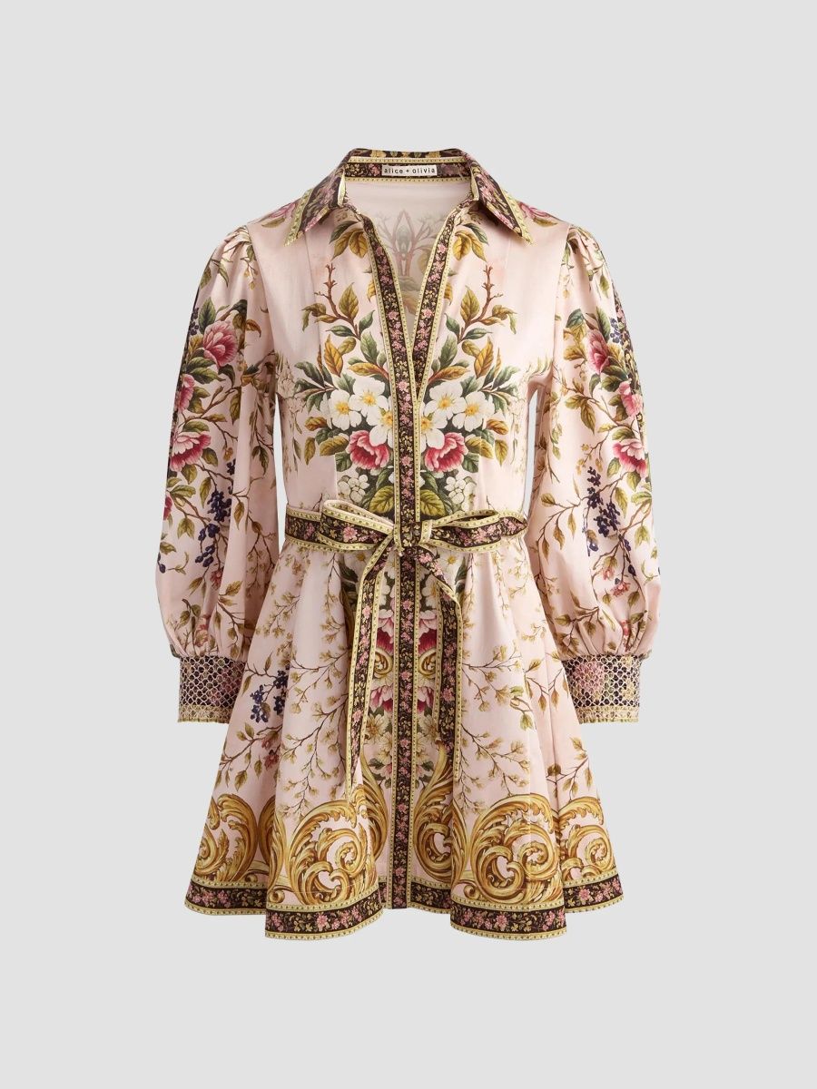 ALICE + OLIVIA Women's Lucy Floral Tie-Waist Stretch-Cotton Mini Shirtdress - True Grandeur - Size 14