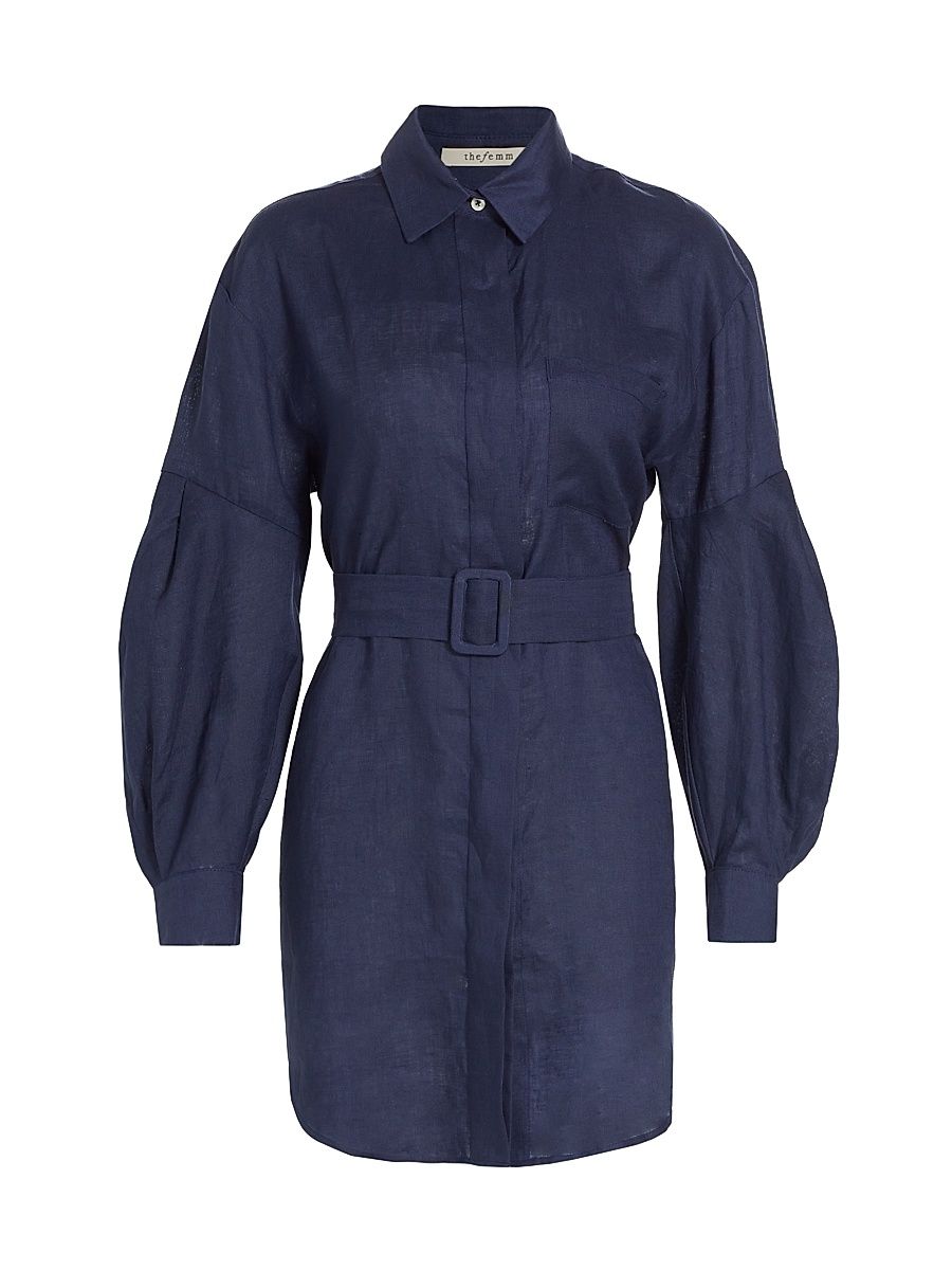 Women's Louisa Linen Belted Shirtdress - Navy Blue - Size Large