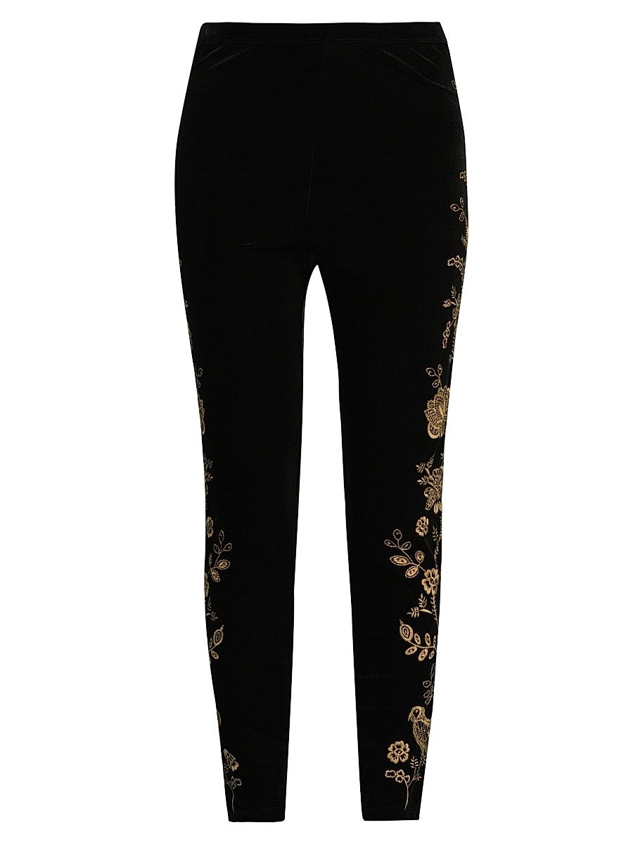 Women's Embroidered Stretch Velvet High-Rise Leggings - Black - Size Medium