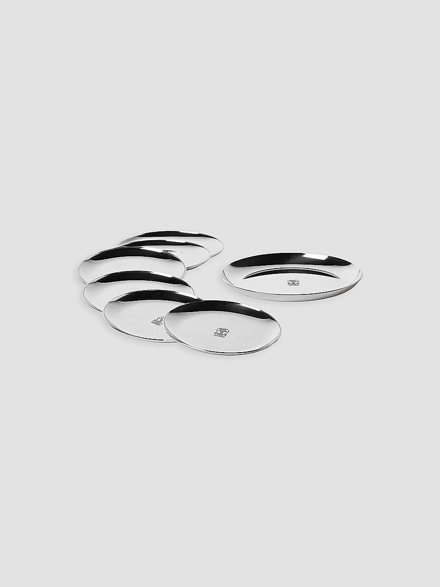 Silver Plated Steel Bottle Coaster Set with 6 Coasters - Silver