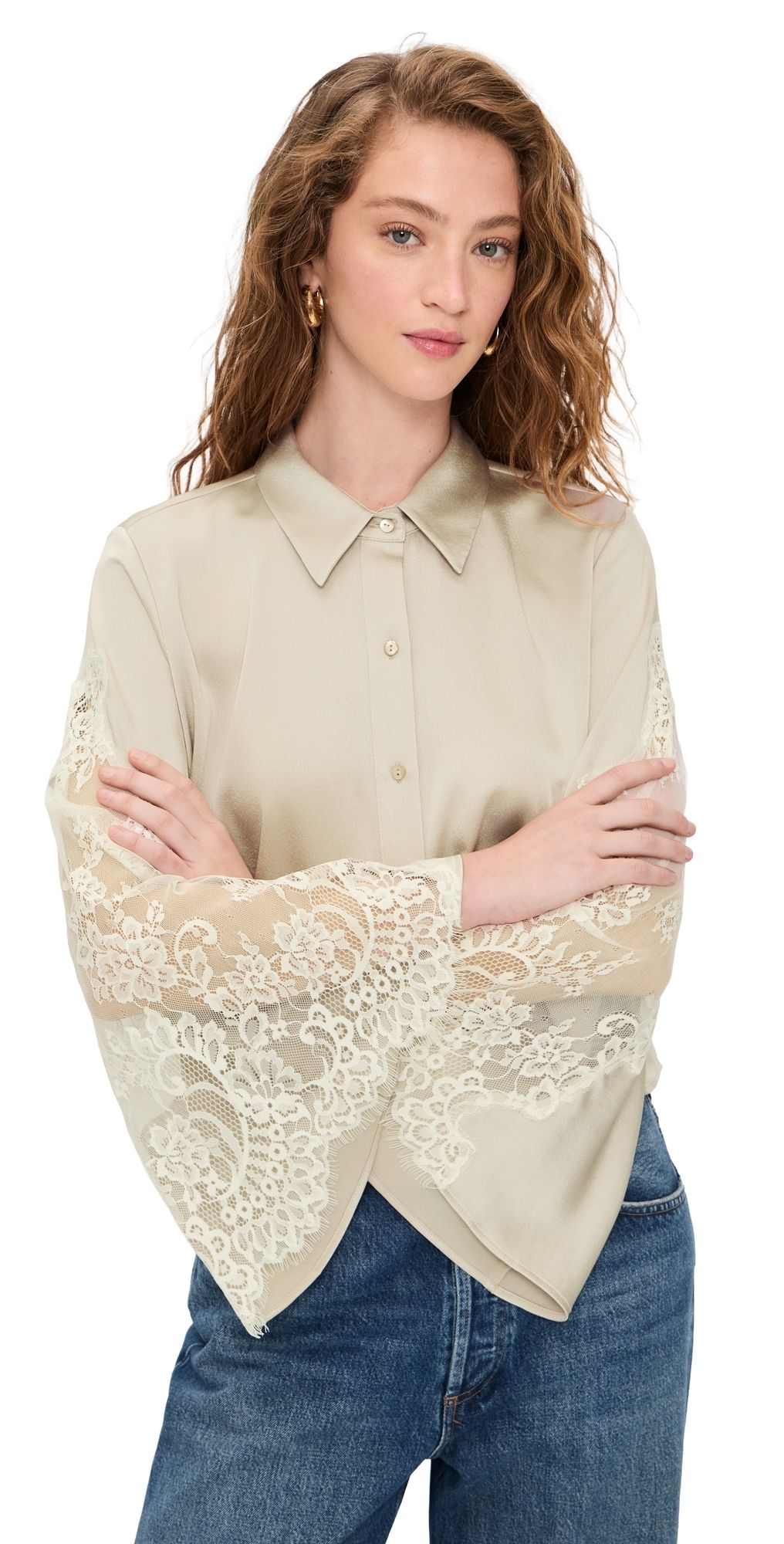 L'AGENCE Capri Lace Sleeve Blouse Feather Grey L