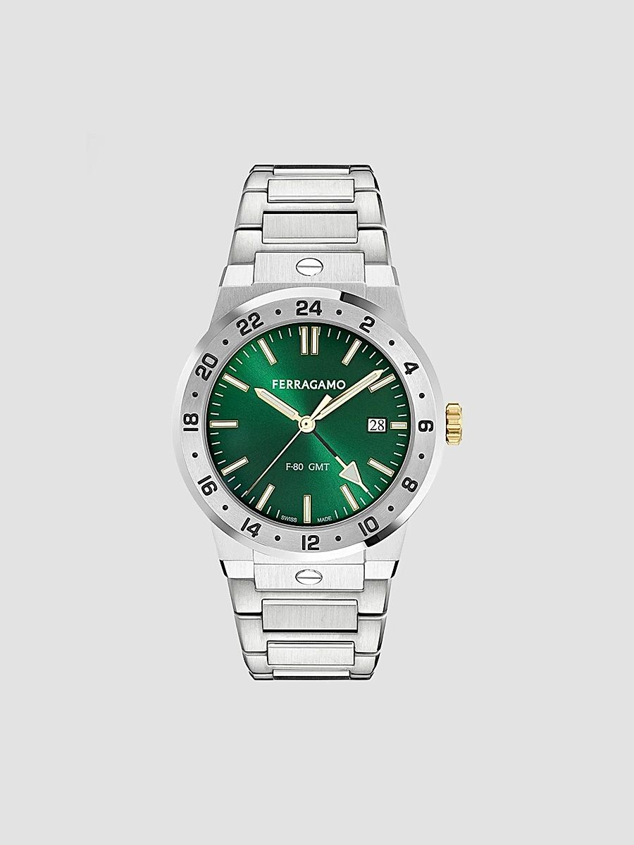 FERRAGAMO Men's F-80 Classic GMT 41MM Stainless Steel Bracelet Watch - Stainless Steel