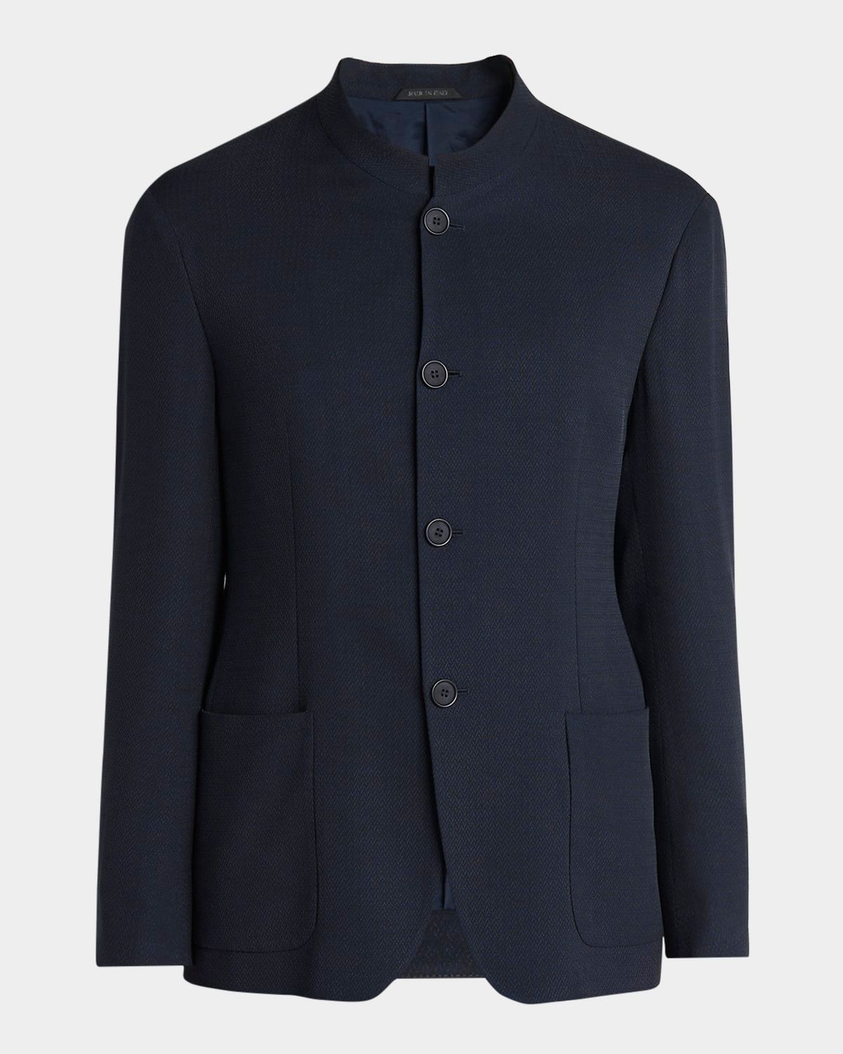 Men & apos;s Micro-Chevron Cupro and Viscose Collarless Sport Coat