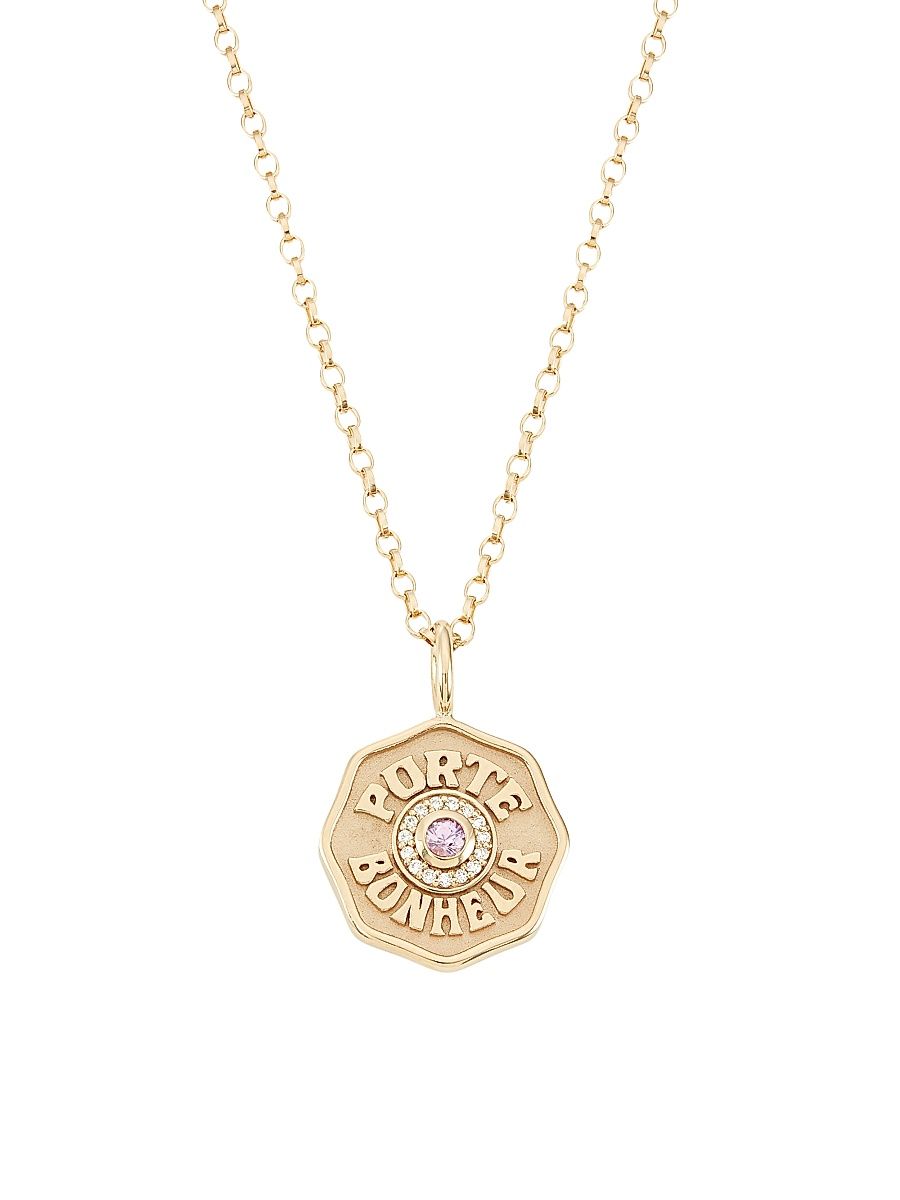 Women's Je Porte Bonheur 14K Yellow Gold, Pink Sapphire, & 0.15 TCW Diamond Mini Pendant Necklace - Pink Sapphire