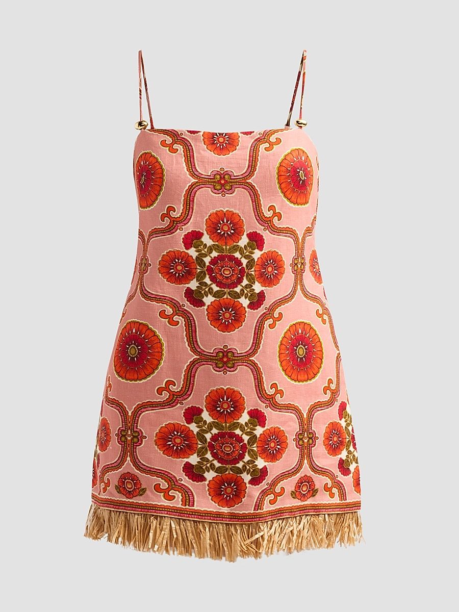 Women's Valencia Fringed Floral Linen Mini Dress - Mod Floral Brick - Size 14