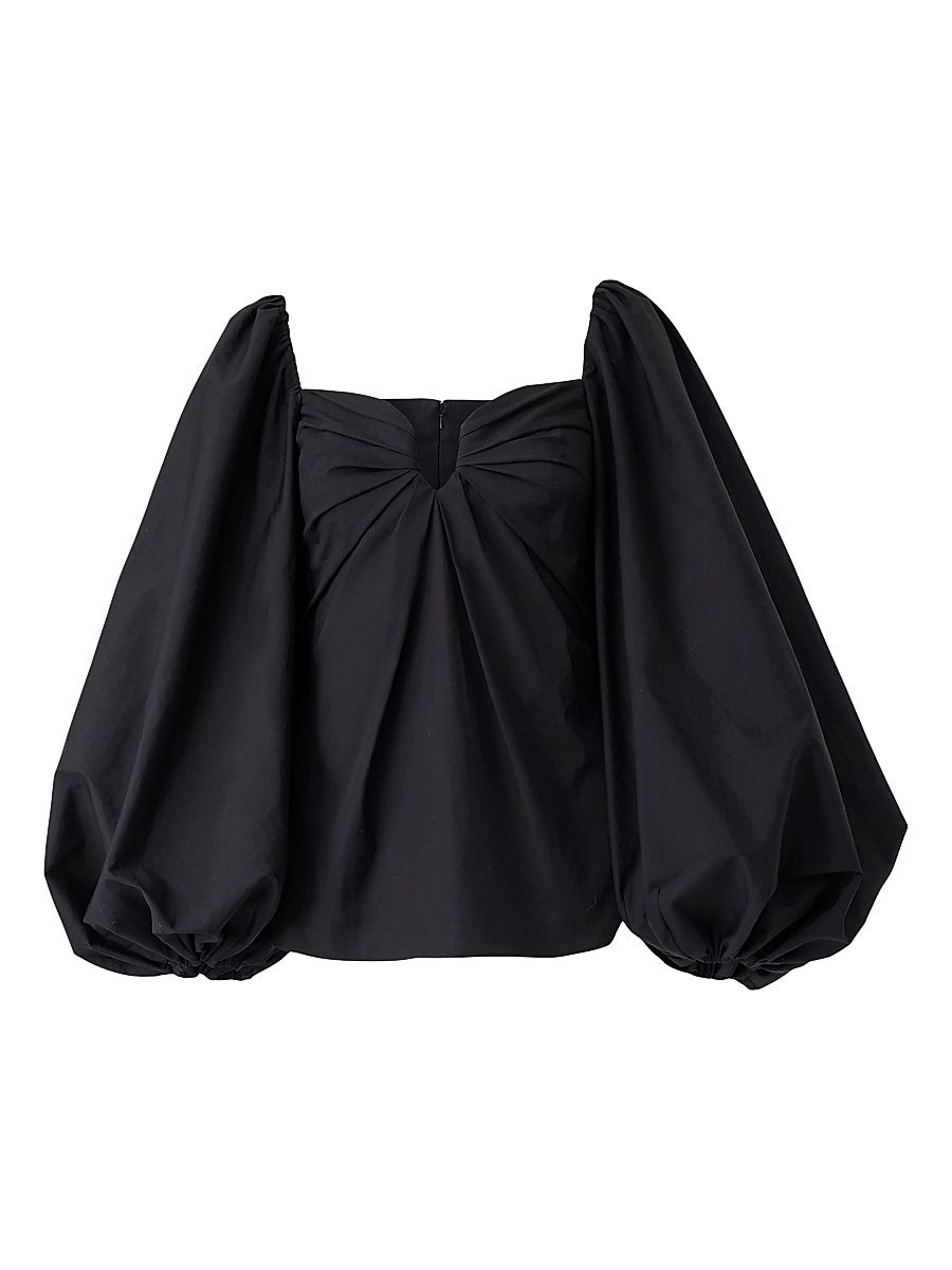 Women's Cotton-Blend Balloon-Sleeve Sweetheart Blouse - Black - Size 0