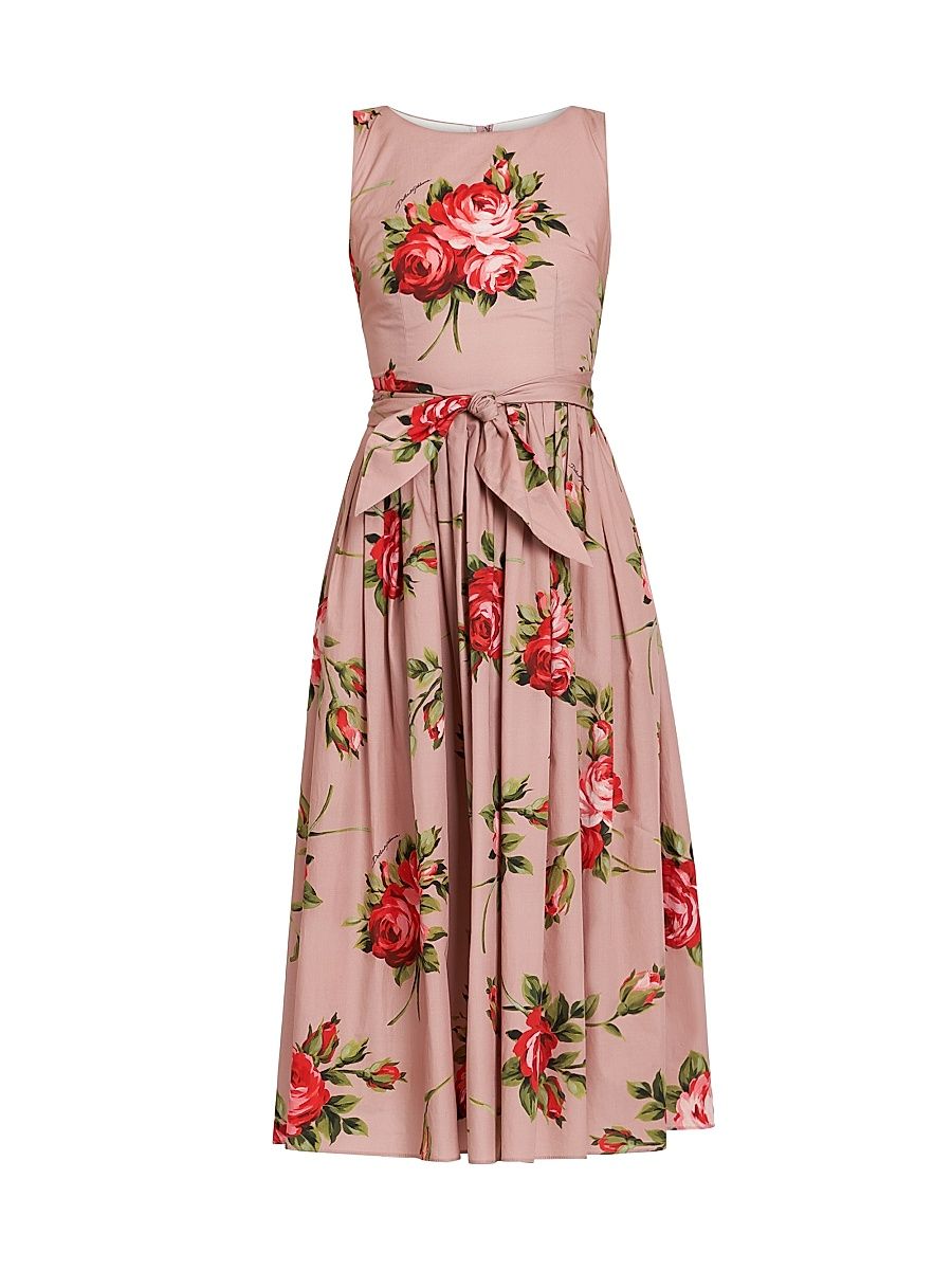 Women's Floral Cotton Tie-Waist Midi-Dress - Bouquet Rose F Rosa - Size 16
