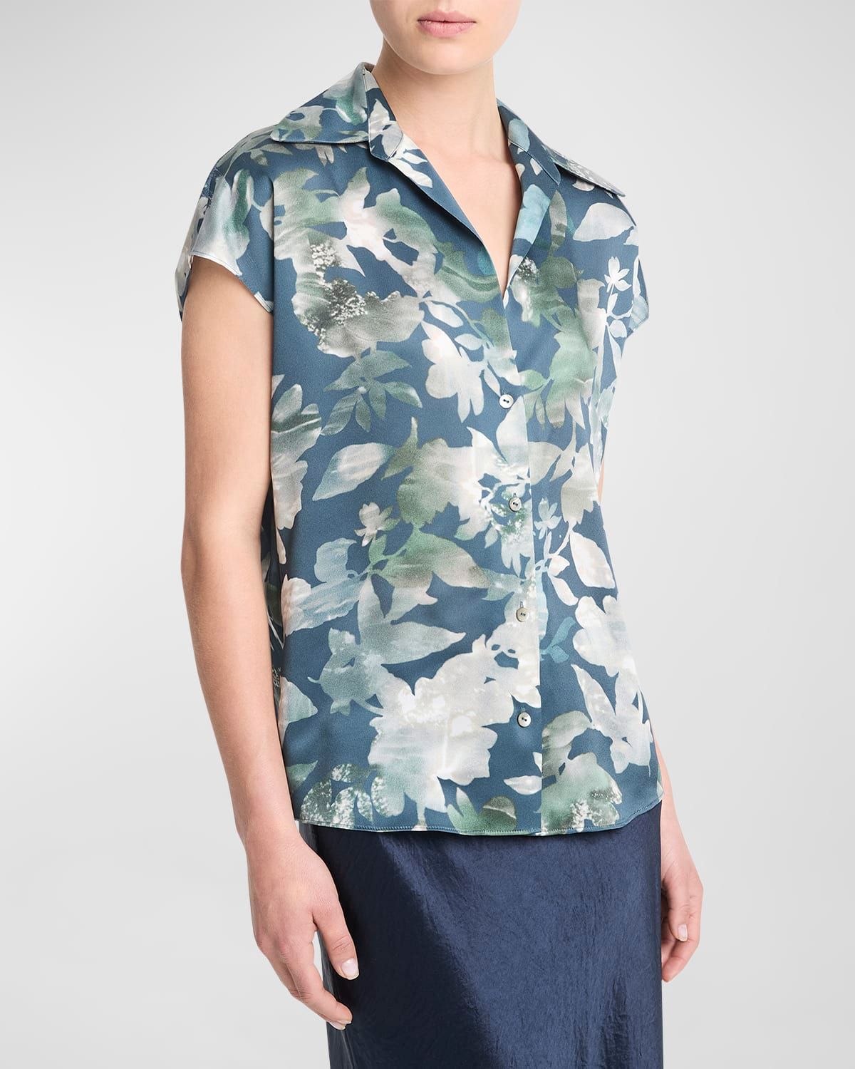 Silk Shimmer Lake Ruched-Back Cap-Sleeve Blouse