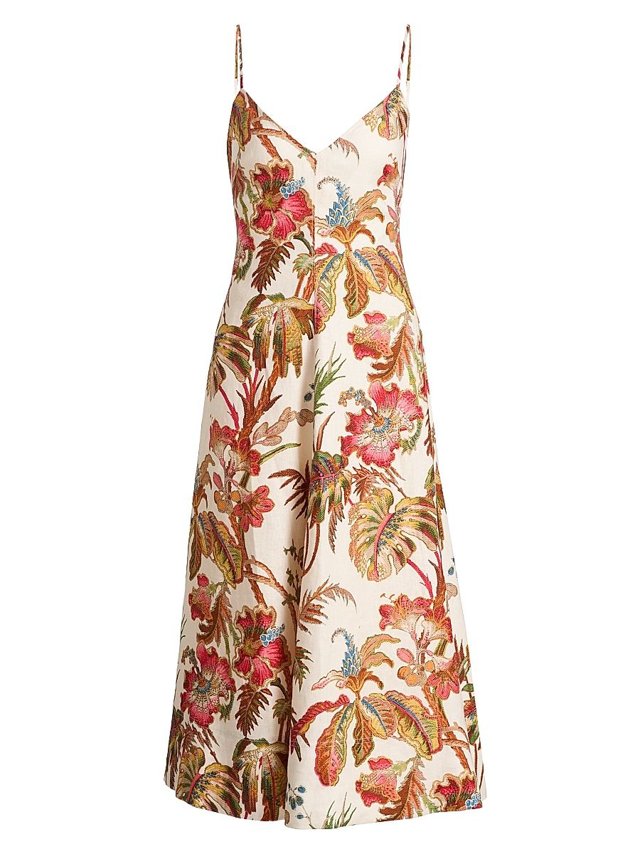 Women's Mae Floral Linen A-Line Midi-Dress - Fauna Floral Ivory - Size 14