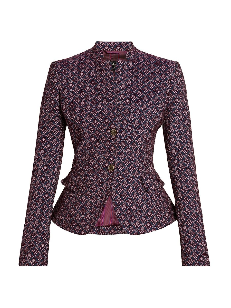 Women's Stand Collar Jacquard Jacket - Multicolor Blue Base - Size 8