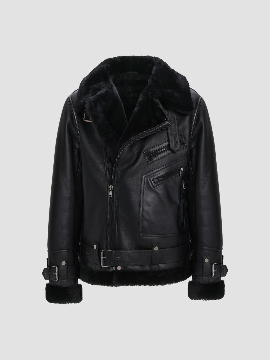 Gorski Men's Shearling Moto Zip Jacket - Black - Size Medium