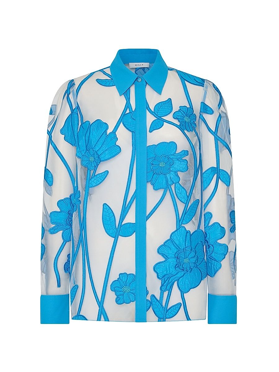 Women's Ashton Grand Fleur Embroidered Sheer Button-Front Top - Blue - Size Medium