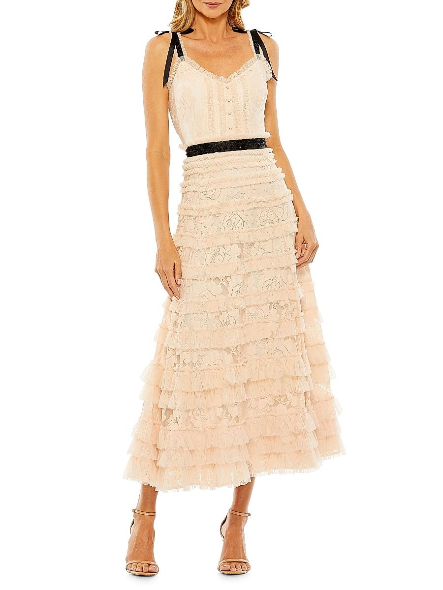 Women's Embellished Lace Ruffled Sweetheart Midi-Dress - Porcelain - Size 14