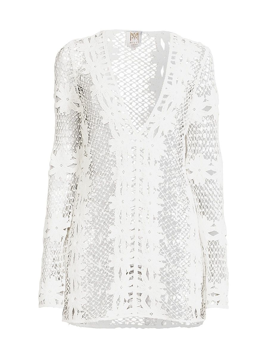 Women's Floral Crochet Cover-Up Minidress - White - Size Medium