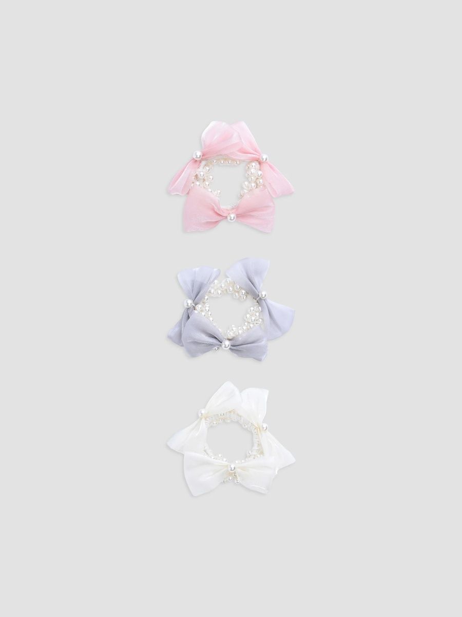 Mimi Tutu Girl's Girl's Pearl Bow Scrunchie Set - Pink Grey White