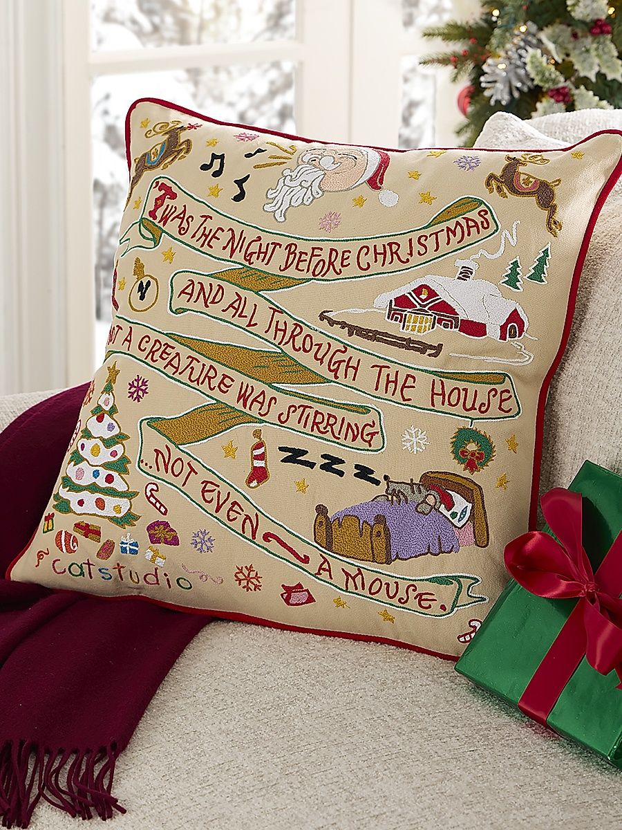 Night Before Christmas Hand-Embroidered Cotton Pillow
