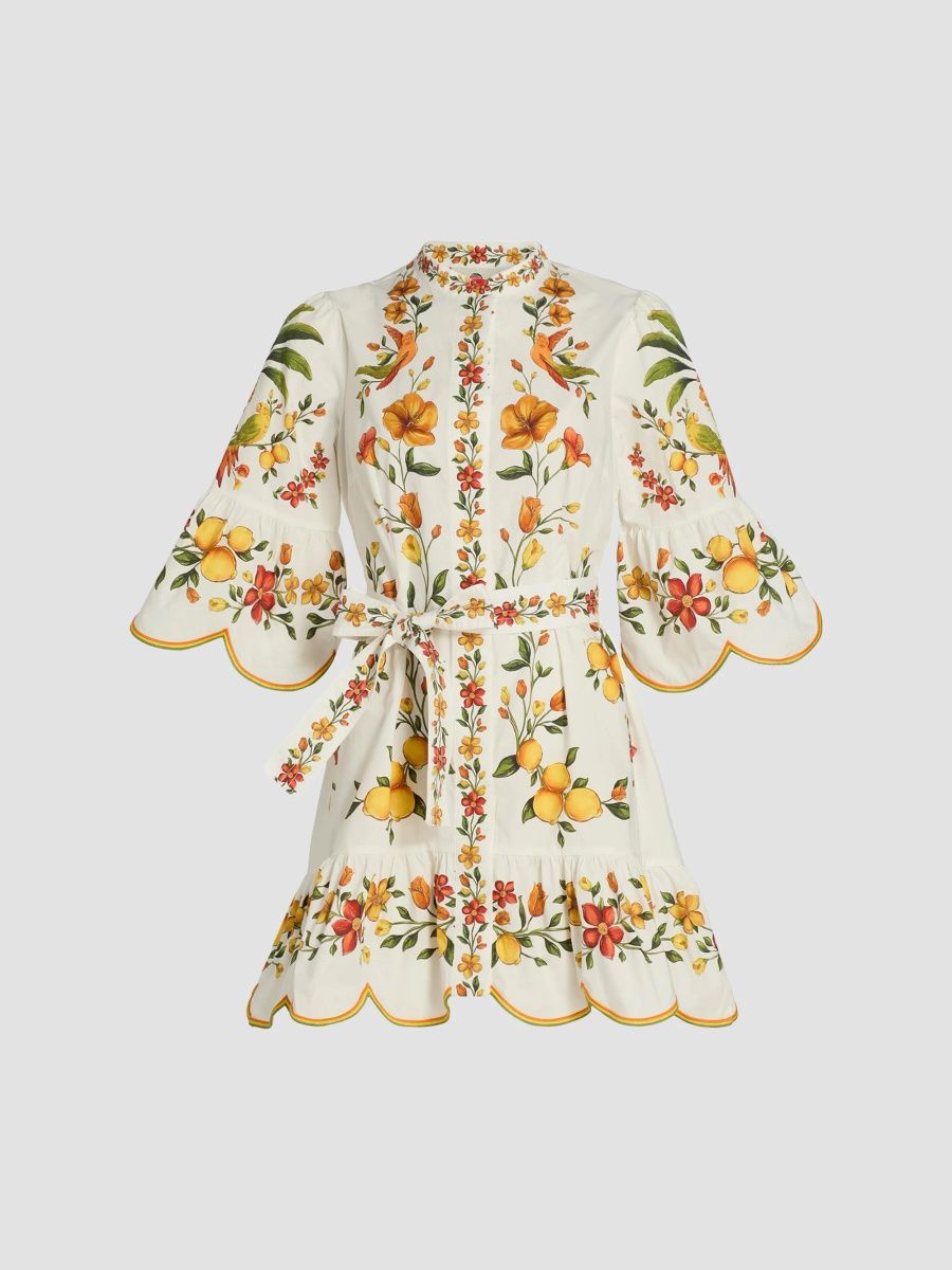 Farm Rio Women's Lemon Bouquet Belted Puff-Sleeve Mini Dress - Off White - Size XL