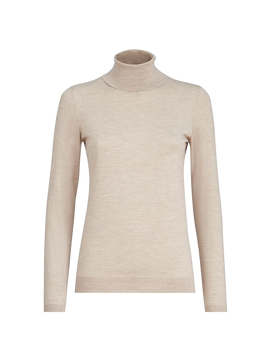 Women's Sparkling Cashmere and Silk Lightweight Turtleneck Sweater - Buff - Size XXS